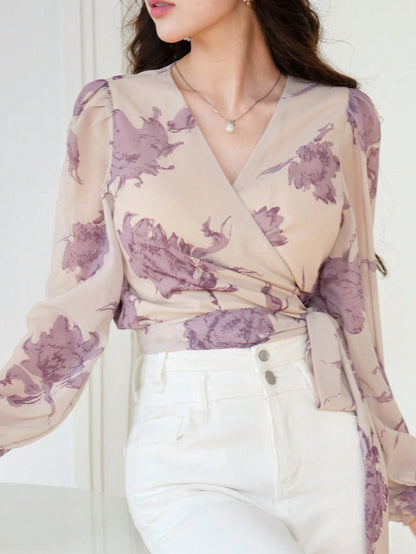 DAZY Women's Floral Wrap-Around Long Sleeve Cropped Blouse Vacation Women Boho