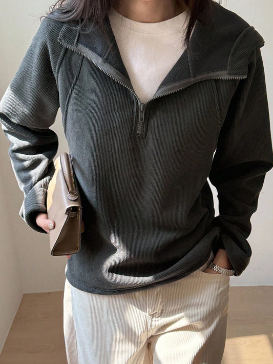 DAZY Women's Half-Zip Hooded Loose Fit Thermal Lined Casual Sweatshirt Fall/Winter