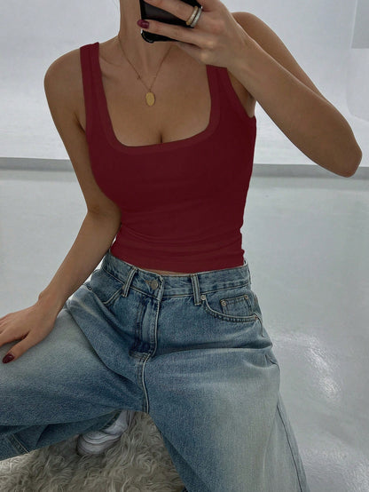DAZY Women's Solid Color Round Neck Ribbed Casual Fitted Tank Top Preppy Tops