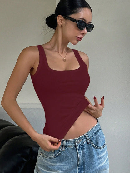 DAZY Women's Solid Color Round Neck Ribbed Casual Fitted Tank Top Preppy Tops