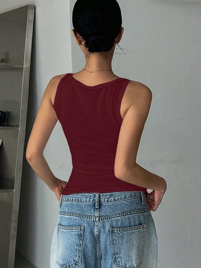 DAZY Women's Solid Color Round Neck Ribbed Casual Fitted Tank Top Preppy Tops