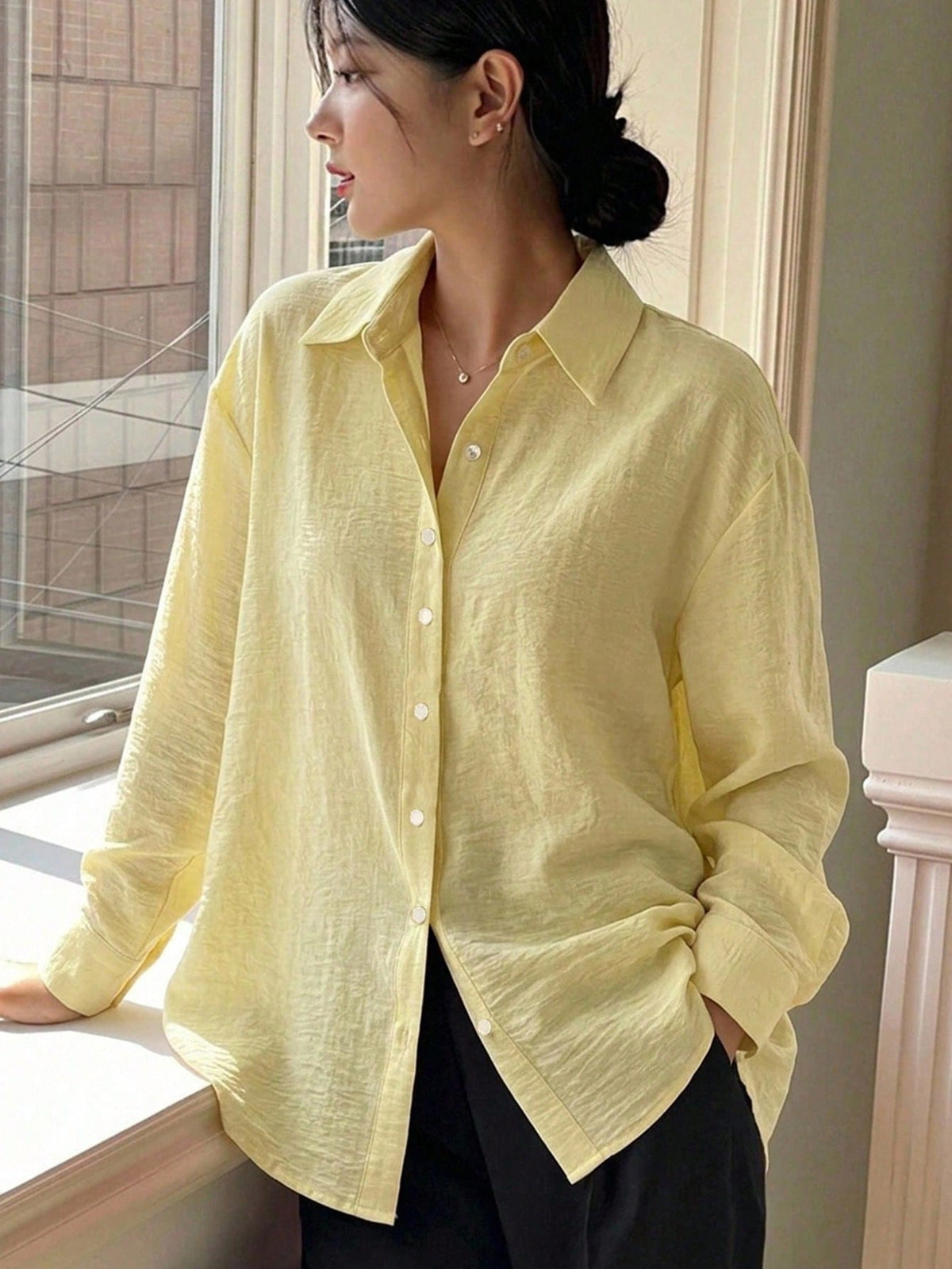 DAZY Women's Solid Color Single-Breasted Casual Versatile Daily Outing Shirt Long Sleeve