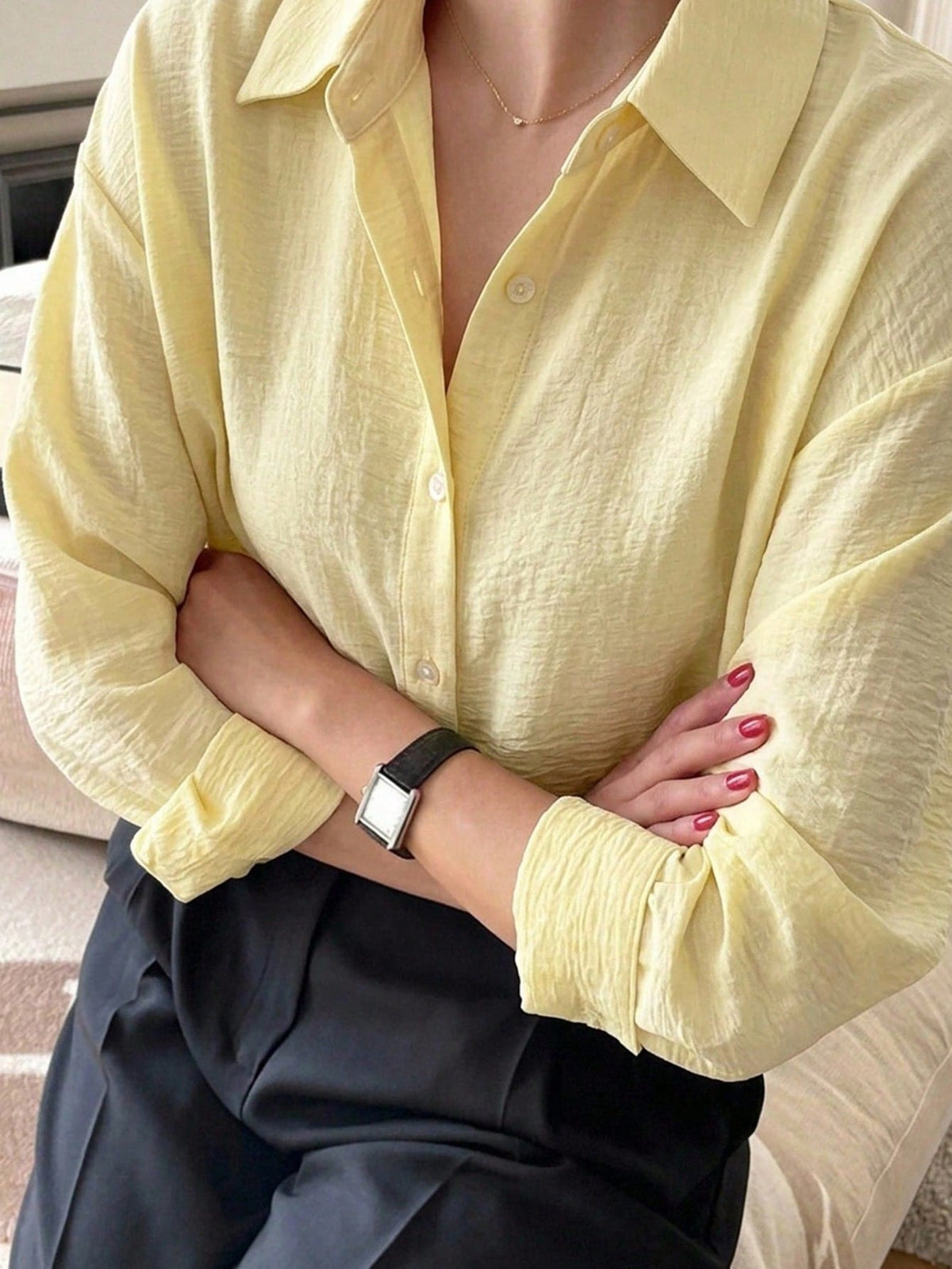 DAZY Women's Solid Color Single-Breasted Casual Versatile Daily Outing Shirt Long Sleeve