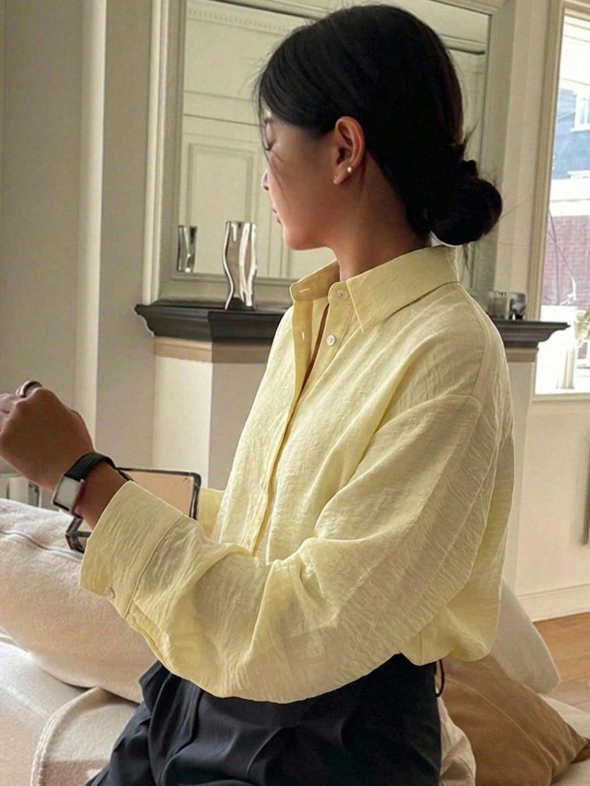 DAZY Women's Solid Color Single-Breasted Casual Versatile Daily Outing Shirt Long Sleeve