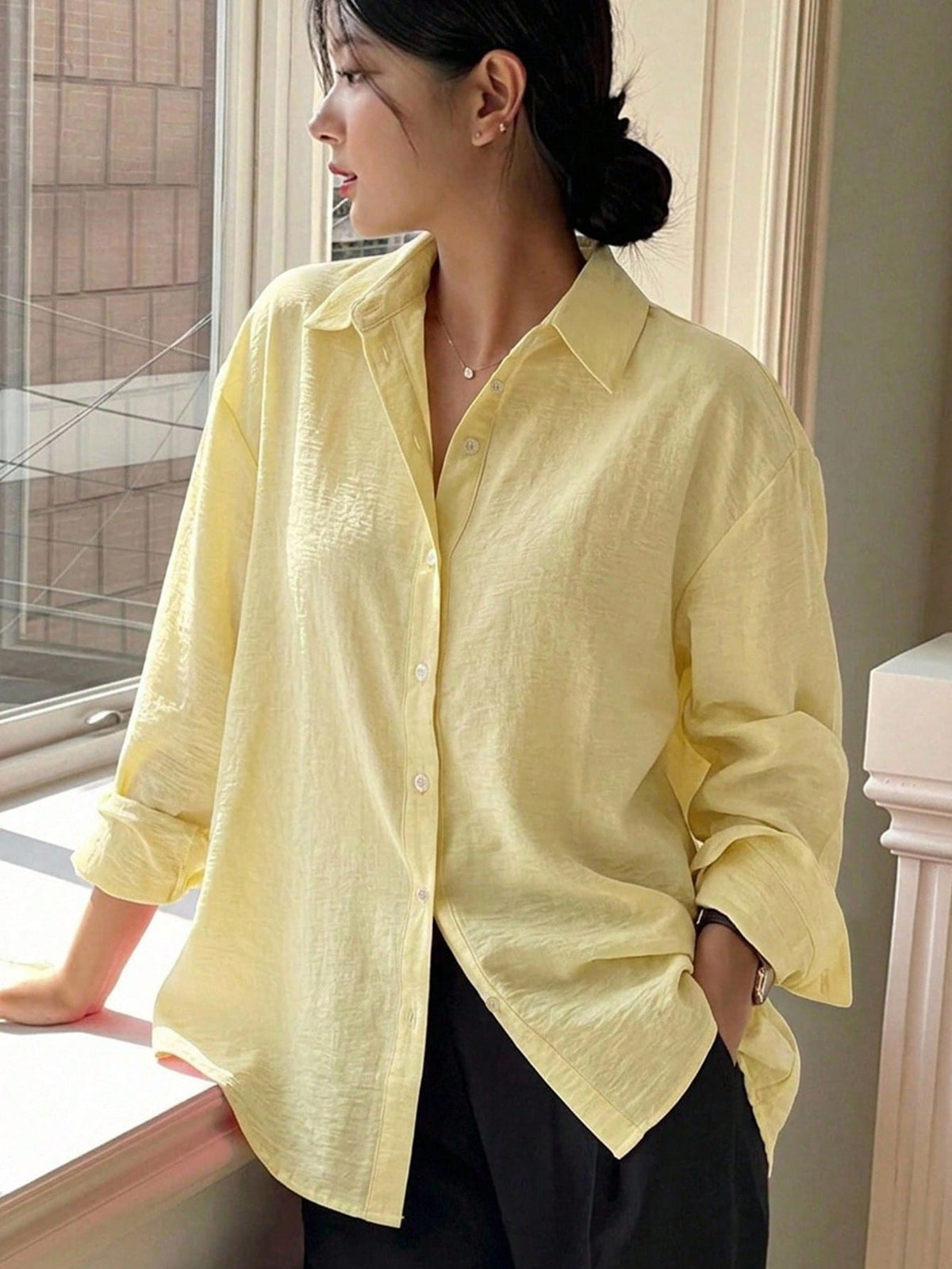 DAZY Women's Solid Color Single-Breasted Casual Versatile Daily Outing Shirt Long Sleeve