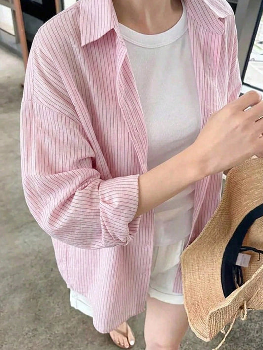 DAZY Women's Striped Drop Shoulder Long Sleeve Single-Breasted Casual Loose Shirt