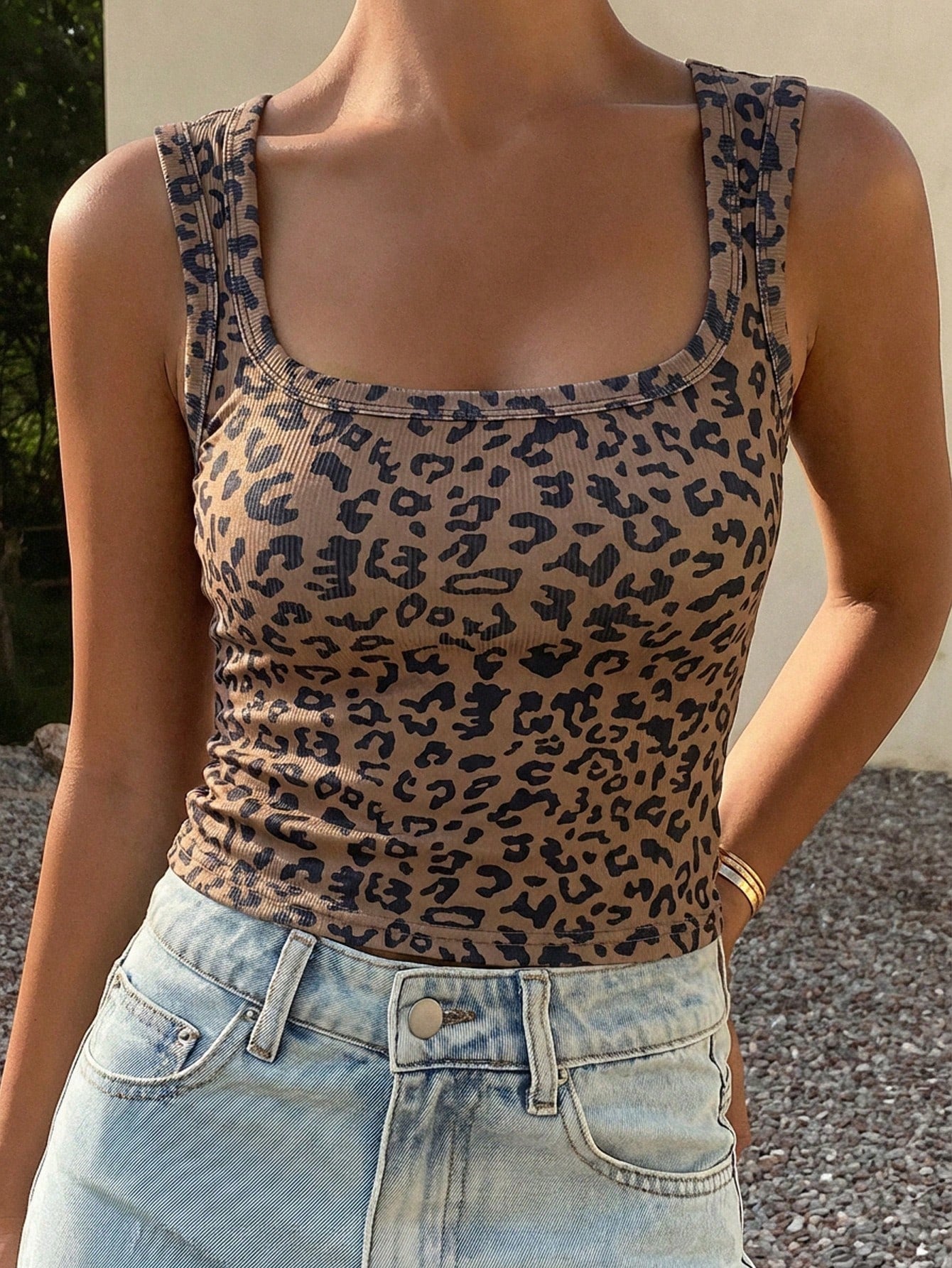 DAZY Women's Summer Square Neck Fitted Ribbed Leopard Print Street Casual Camisole Tank Top