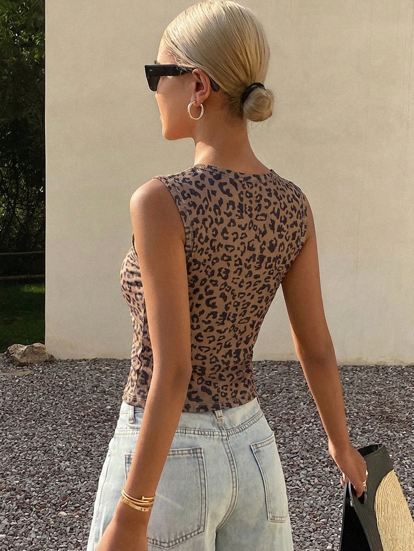 DAZY Women's Summer Square Neck Fitted Ribbed Leopard Print Street Casual Camisole Tank Top