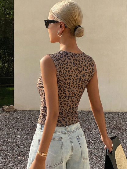 DAZY Women's Summer Square Neck Fitted Ribbed Leopard Print Street Casual Camisole Tank Top