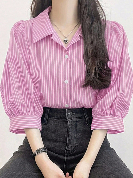 DAZY Women Striped Turndown Collar Lantern Sleeve Loose Blouse, Spring/Summer/Autumn