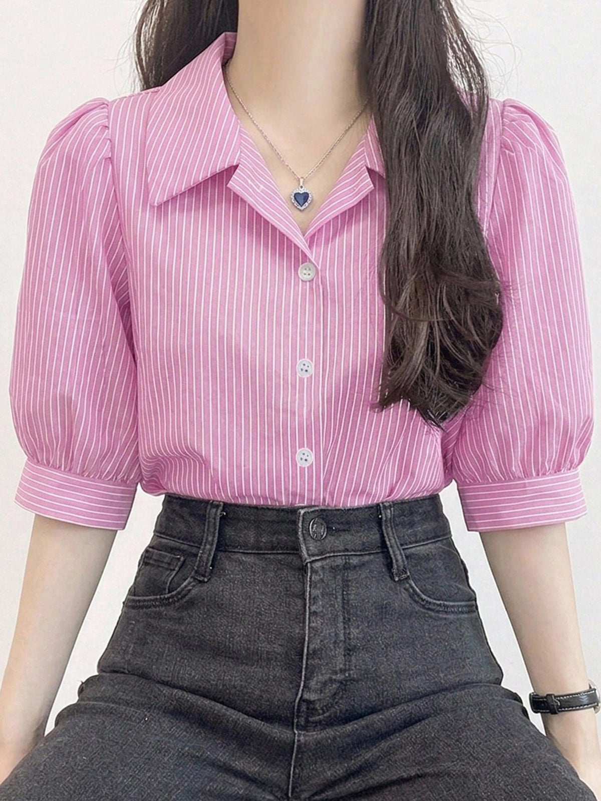DAZY Women Striped Turndown Collar Lantern Sleeve Loose Blouse, Spring/Summer/Autumn