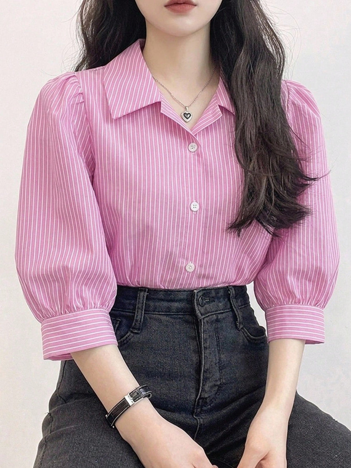 DAZY Women Striped Turndown Collar Lantern Sleeve Loose Blouse, Spring/Summer/Autumn