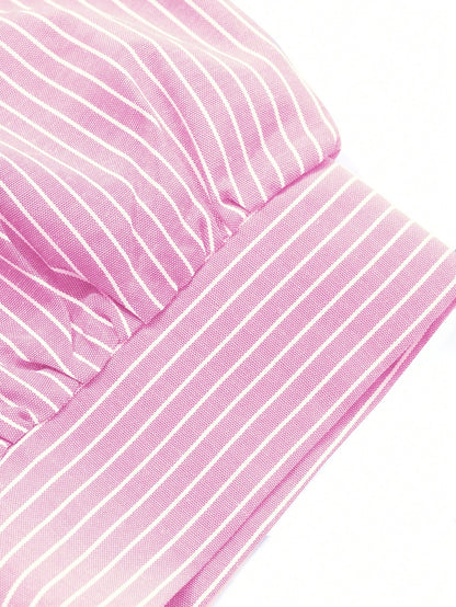 DAZY Women Striped Turndown Collar Lantern Sleeve Loose Blouse, Spring/Summer/Autumn