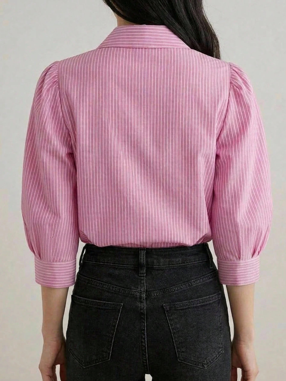 DAZY Women Striped Turndown Collar Lantern Sleeve Loose Blouse, Spring/Summer/Autumn