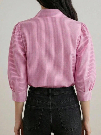 DAZY Women Striped Turndown Collar Lantern Sleeve Loose Blouse, Spring/Summer/Autumn