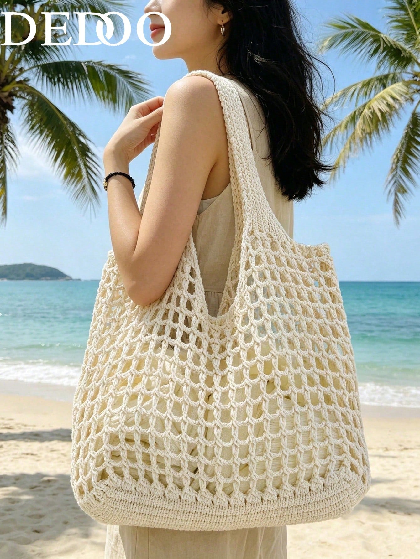 Dedoo Fashionable Bohemian Style Crochet Tote Bag, Beige Polyester Material, Vintage Handmade Feel, Large Capacity Open-Top Handbag, Beach Tote, Casual Travel, Woven Texture, Ideal For Work, School, B