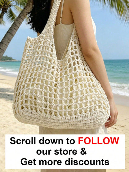 Dedoo Fashionable Bohemian Style Crochet Tote Bag, Beige Polyester Material, Vintage Handmade Feel, Large Capacity Open-Top Handbag, Beach Tote, Casual Travel, Woven Texture, Ideal For Work, School, B