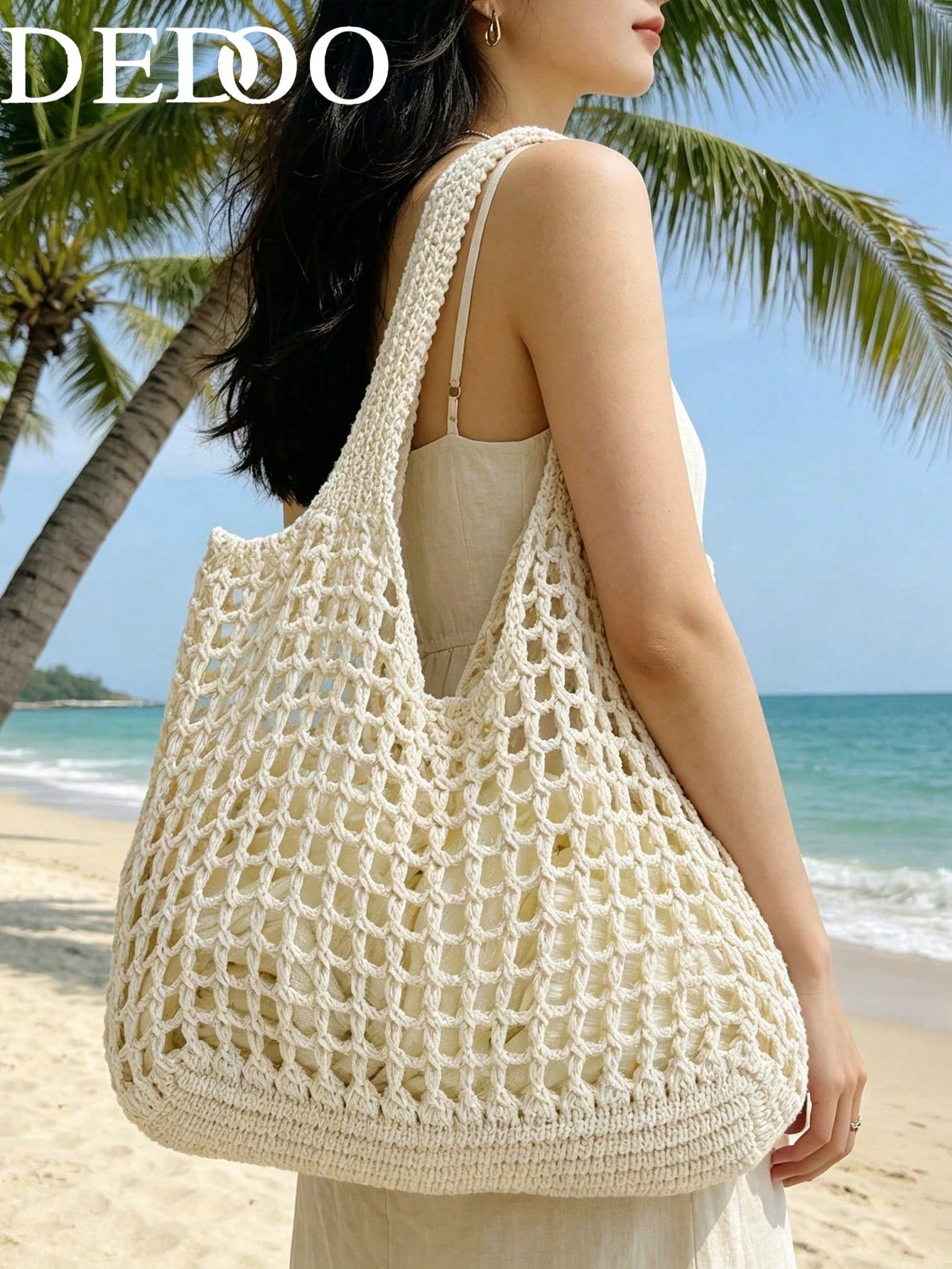 Dedoo Fashionable Bohemian Style Crochet Tote Bag, Beige Polyester Material, Vintage Handmade Feel, Large Capacity Open-Top Handbag, Beach Tote, Casual Travel, Woven Texture, Ideal For Work, School, B