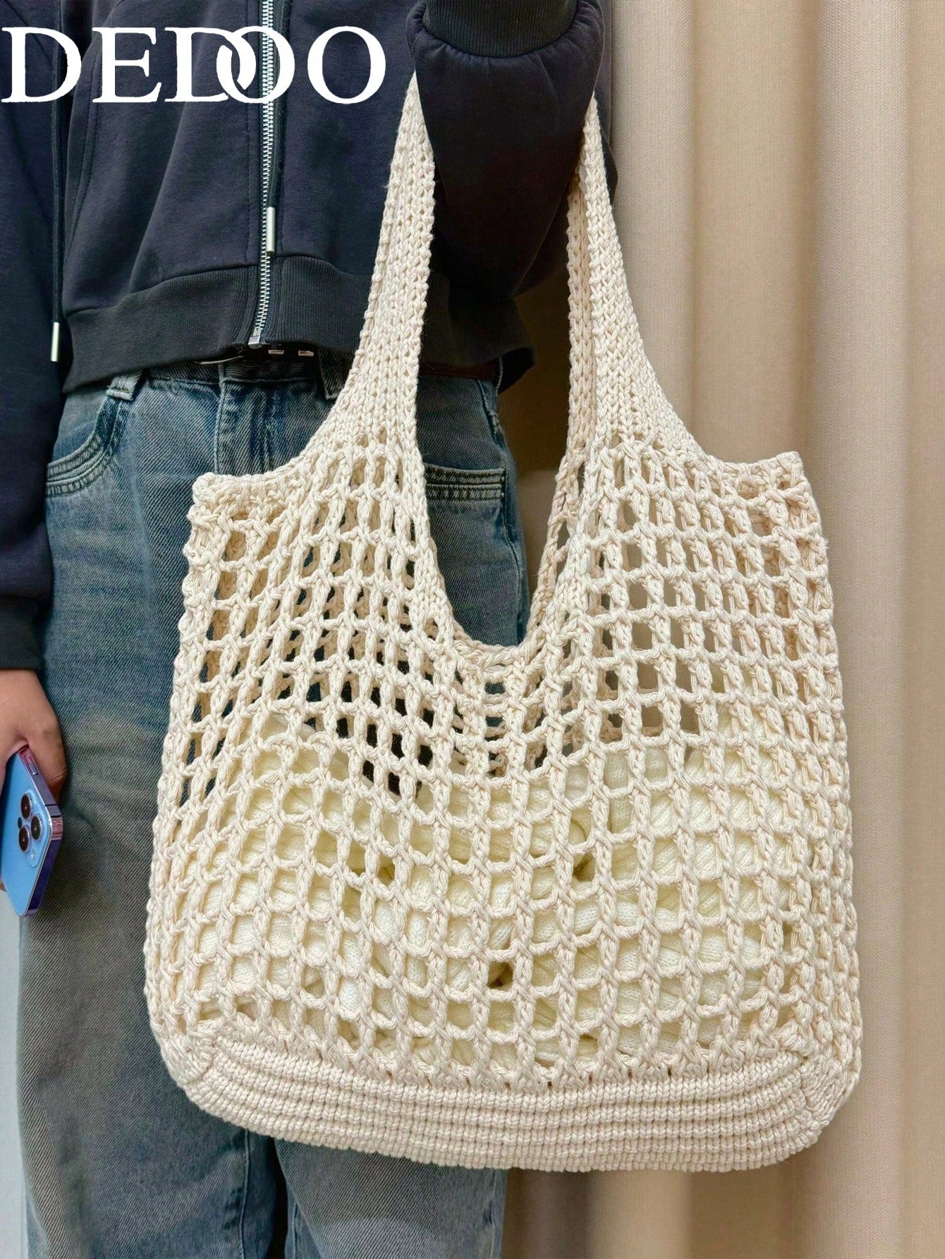 Dedoo Fashionable Bohemian Style Crochet Tote Bag, Beige Polyester Material, Vintage Handmade Feel, Large Capacity Open-Top Handbag, Beach Tote, Casual Travel, Woven Texture, Ideal For Work, School, B