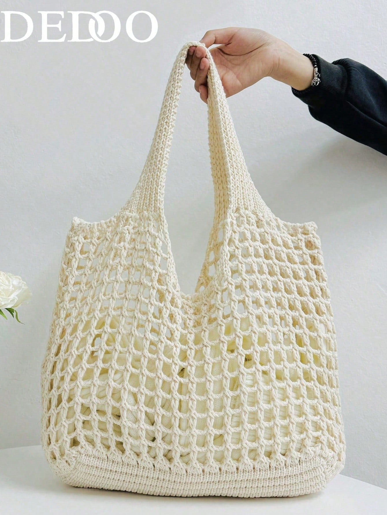 Dedoo Fashionable Bohemian Style Crochet Tote Bag, Beige Polyester Material, Vintage Handmade Feel, Large Capacity Open-Top Handbag, Beach Tote, Casual Travel, Woven Texture, Ideal For Work, School, B