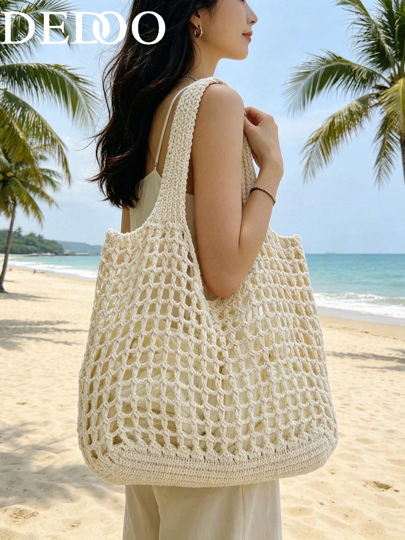 Dedoo Fashionable Bohemian Style Crochet Tote Bag, Beige Polyester Material, Vintage Handmade Feel, Large Capacity Open-Top Handbag, Beach Tote, Casual Travel, Woven Texture, Ideal For Work, School, B