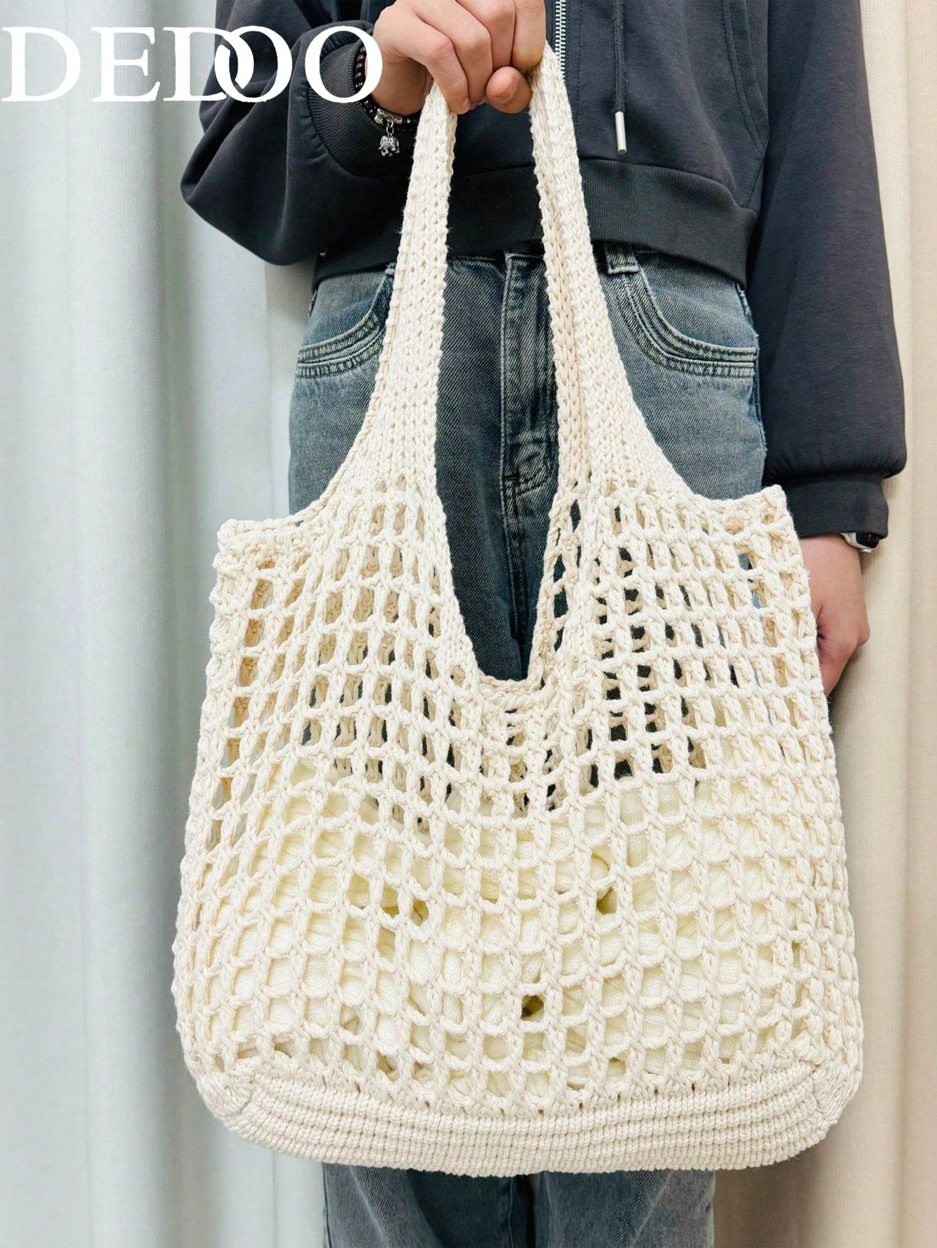 Dedoo Fashionable Bohemian Style Crochet Tote Bag, Beige Polyester Material, Vintage Handmade Feel, Large Capacity Open-Top Handbag, Beach Tote, Casual Travel, Woven Texture, Ideal For Work, School, B
