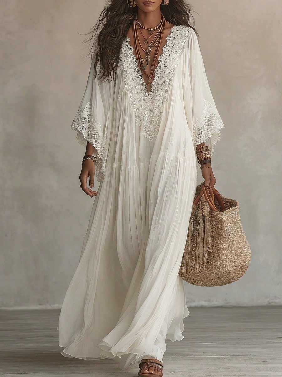 Deep V Lace Trim Batwing Sleeve Flowy Maxi Dress Boho Beach Vacation Cover Up Dress Abaya Vacation Outfits Women Mof Elegant Dress For Women