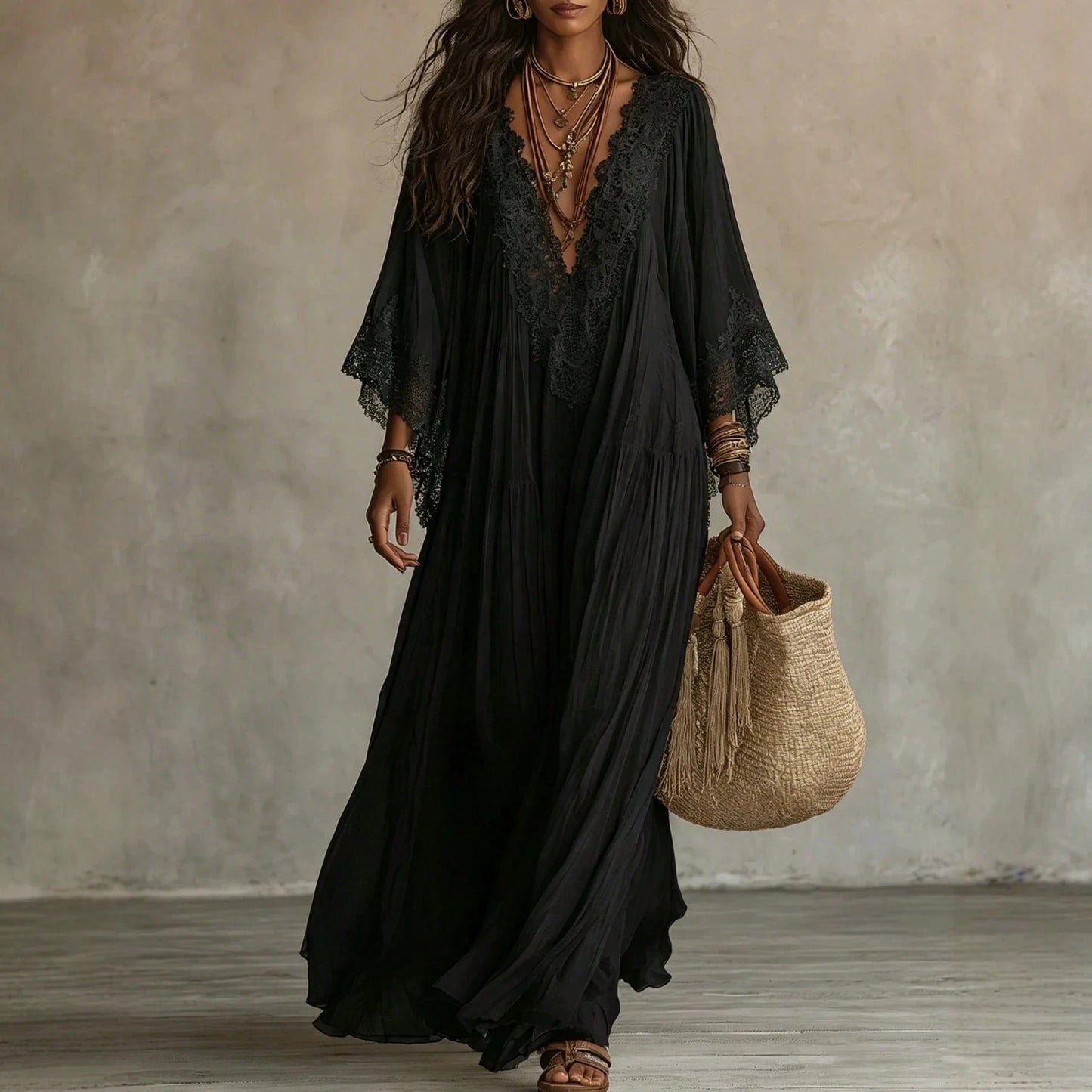 Deep V Lace Trim Batwing Sleeve Flowy Maxi Dress Boho Beach Vacation Cover Up Dress Abaya Vacation Outfits Women Mof Elegant Dress For Women