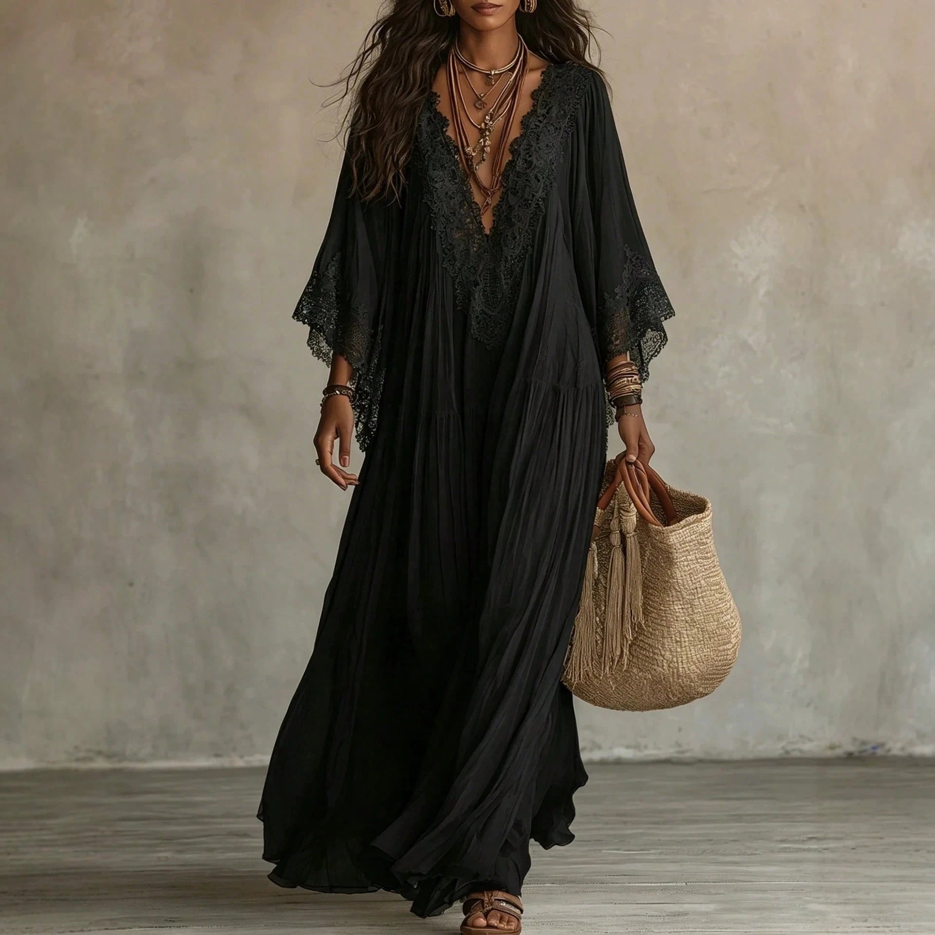 Deep V Lace Trim Batwing Sleeve Flowy Maxi Dress Boho Beach Vacation Cover Up Dress Abaya Vacation Outfits Women Mof Elegant Dress For Women