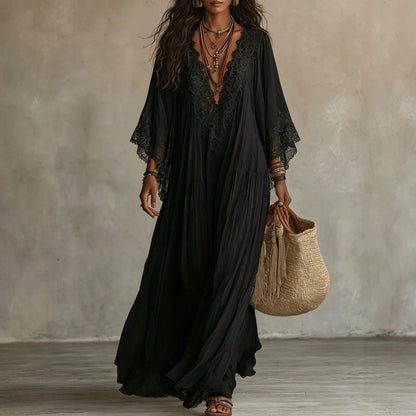 Deep V Lace Trim Batwing Sleeve Flowy Maxi Dress Boho Beach Vacation Cover Up Dress Abaya Vacation Outfits Women Mof Elegant Dress For Women