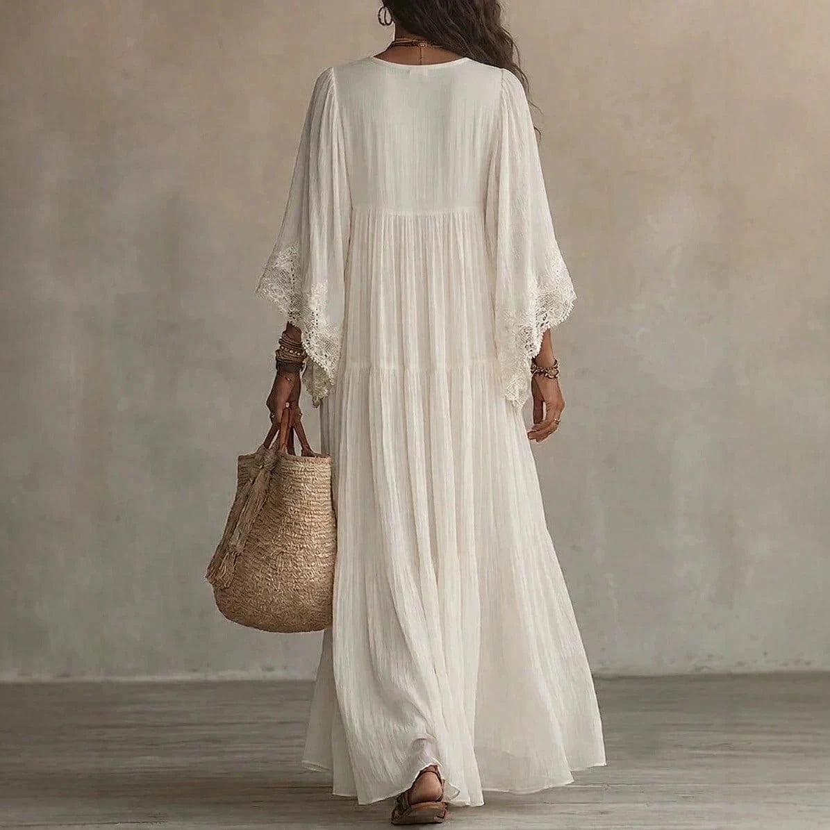Deep V Lace Trim Batwing Sleeve Flowy Maxi Dress Boho Beach Vacation Cover Up Dress Abaya Vacation Outfits Women Mof Elegant Dress For Women