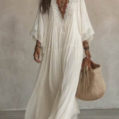 Deep V Lace Trim Batwing Sleeve Flowy Maxi Dress Boho Beach Vacation Cover Up Dress Abaya Vacation Outfits Women Mof Elegant Dress For Women