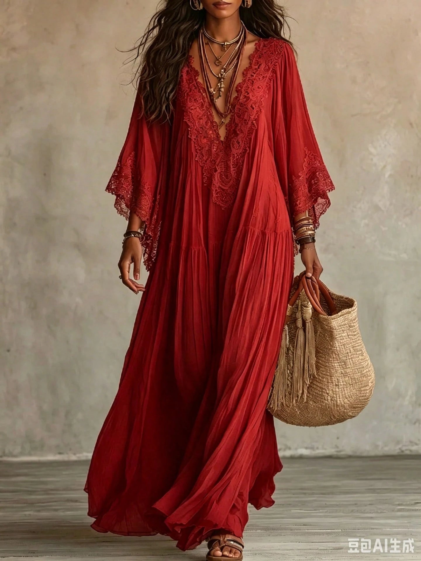 Deep V Lace Trim Batwing Sleeve Flowy Maxi Dress Boho Beach Vacation Cover Up Dress Abaya Vacation Outfits Women Mof Elegant Dress For Women