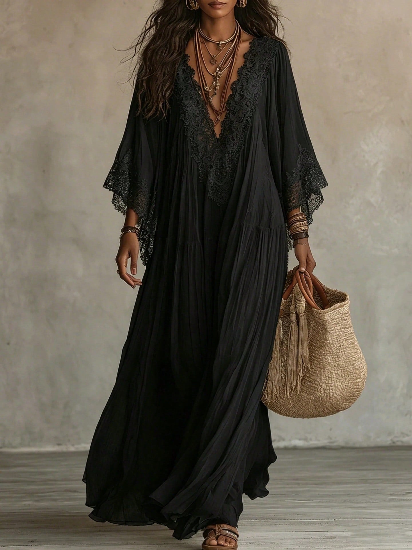 Deep V Lace Trim Batwing Sleeve Flowy Maxi Dress Boho Beach Vacation Cover Up Dress Abaya Vacation Outfits Women Mof Elegant Dress For Women