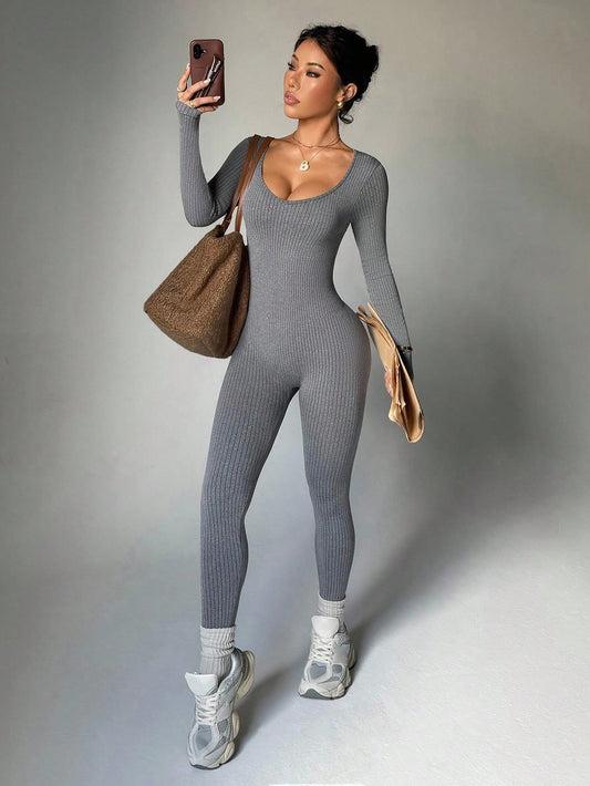 Dewbera Dewbera Seamless High Stretch Grey Ribbed One Piece Jumpsuit,Fashionable Long Sleeve & Pants Bodysuit For Gym,Autumn & Athleisure Sports & Fitness