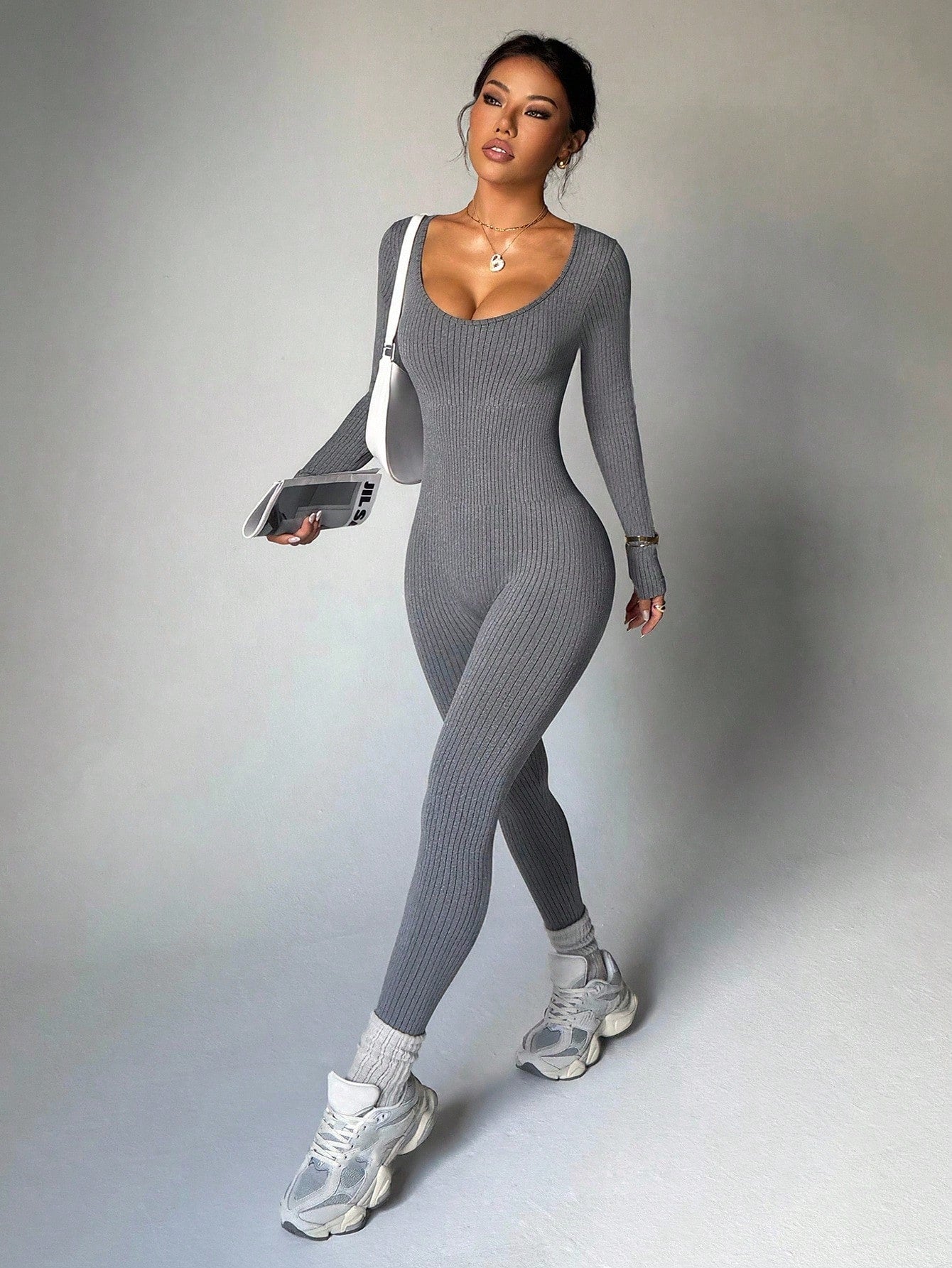 Dewbera Dewbera Seamless High Stretch Grey Ribbed One Piece Jumpsuit,Fashionable Long Sleeve & Pants Bodysuit For Gym,Autumn & Athleisure Sports & Fitness