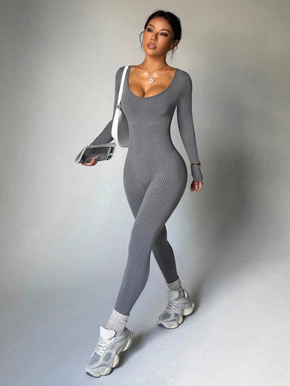 Dewbera Dewbera Seamless High Stretch Grey Ribbed One Piece Jumpsuit,Fashionable Long Sleeve & Pants Bodysuit For Gym,Autumn & Athleisure Sports & Fitness