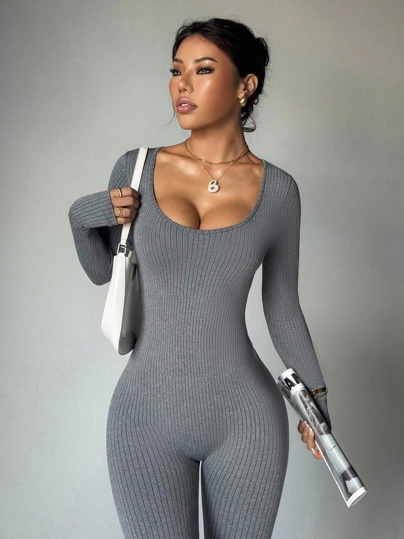 Dewbera Dewbera Seamless High Stretch Grey Ribbed One Piece Jumpsuit,Fashionable Long Sleeve & Pants Bodysuit For Gym,Autumn & Athleisure Sports & Fitness