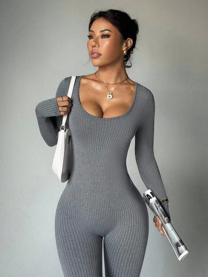 Dewbera Dewbera Seamless High Stretch Grey Ribbed One Piece Jumpsuit,Fashionable Long Sleeve & Pants Bodysuit For Gym,Autumn & Athleisure Sports & Fitness