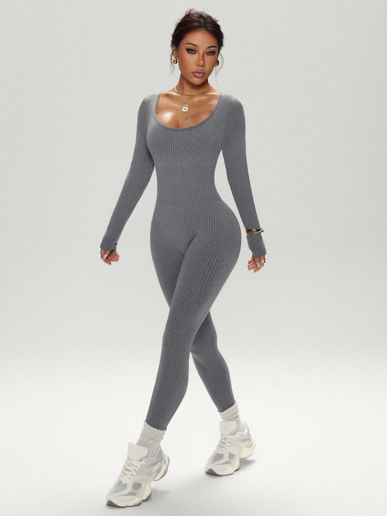 Dewbera Dewbera Seamless High Stretch Grey Ribbed One Piece Jumpsuit,Fashionable Long Sleeve & Pants Bodysuit For Gym,Autumn & Athleisure Sports & Fitness