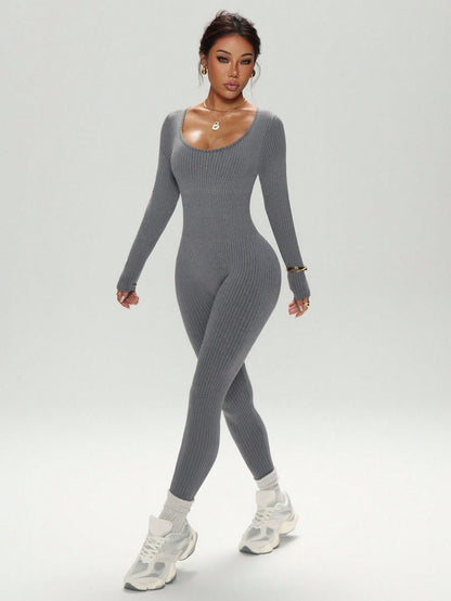 Dewbera Dewbera Seamless High Stretch Grey Ribbed One Piece Jumpsuit,Fashionable Long Sleeve & Pants Bodysuit For Gym,Autumn & Athleisure Sports & Fitness