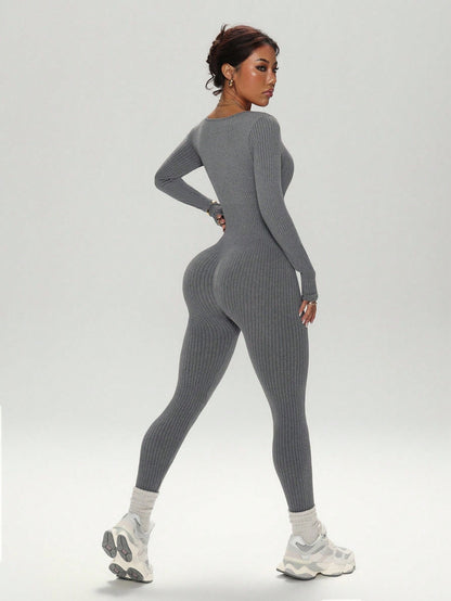Dewbera Dewbera Seamless High Stretch Grey Ribbed One Piece Jumpsuit,Fashionable Long Sleeve & Pants Bodysuit For Gym,Autumn & Athleisure Sports & Fitness