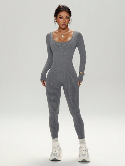 Dewbera Dewbera Seamless High Stretch Grey Ribbed One Piece Jumpsuit,Fashionable Long Sleeve & Pants Bodysuit For Gym,Autumn & Athleisure Sports & Fitness