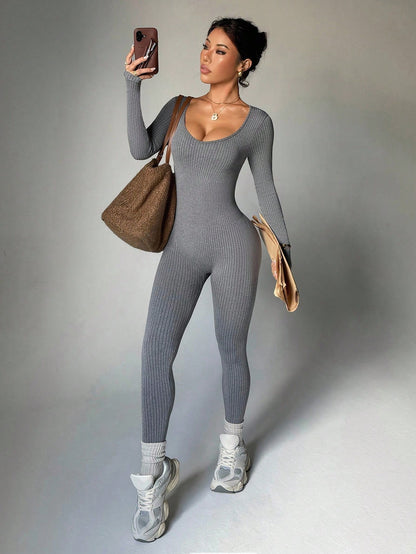 Dewbera Dewbera Seamless High Stretch Grey Ribbed One Piece Jumpsuit,Fashionable Long Sleeve & Pants Bodysuit For Gym,Autumn & Athleisure Sports & Fitness