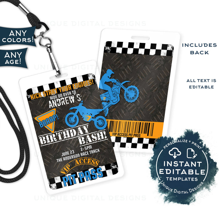 Dirt Bike Birthday All Access Pass, Editable Birthday Bash Party, Motorcross vip Pit Pass Birthday Badge, Braap Motorbike Printable INSTANT