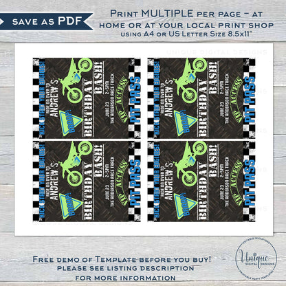 Dirt Bike Birthday All Access Pass, Editable Birthday Bash Party, Motorcross vip Pit Pass Birthday Badge, Braap Motorbike Printable INSTANT