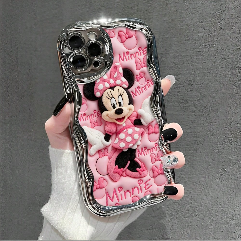 Disney Licensed Minnie Mouse Phone Case, Raised Flocked Minnie With "Minnie" Text & Bow Pattern Background, Electroplated Silver Wavy Edge, Scratch-Resistant Protective Case For IPhone 17, 16, 15, 14