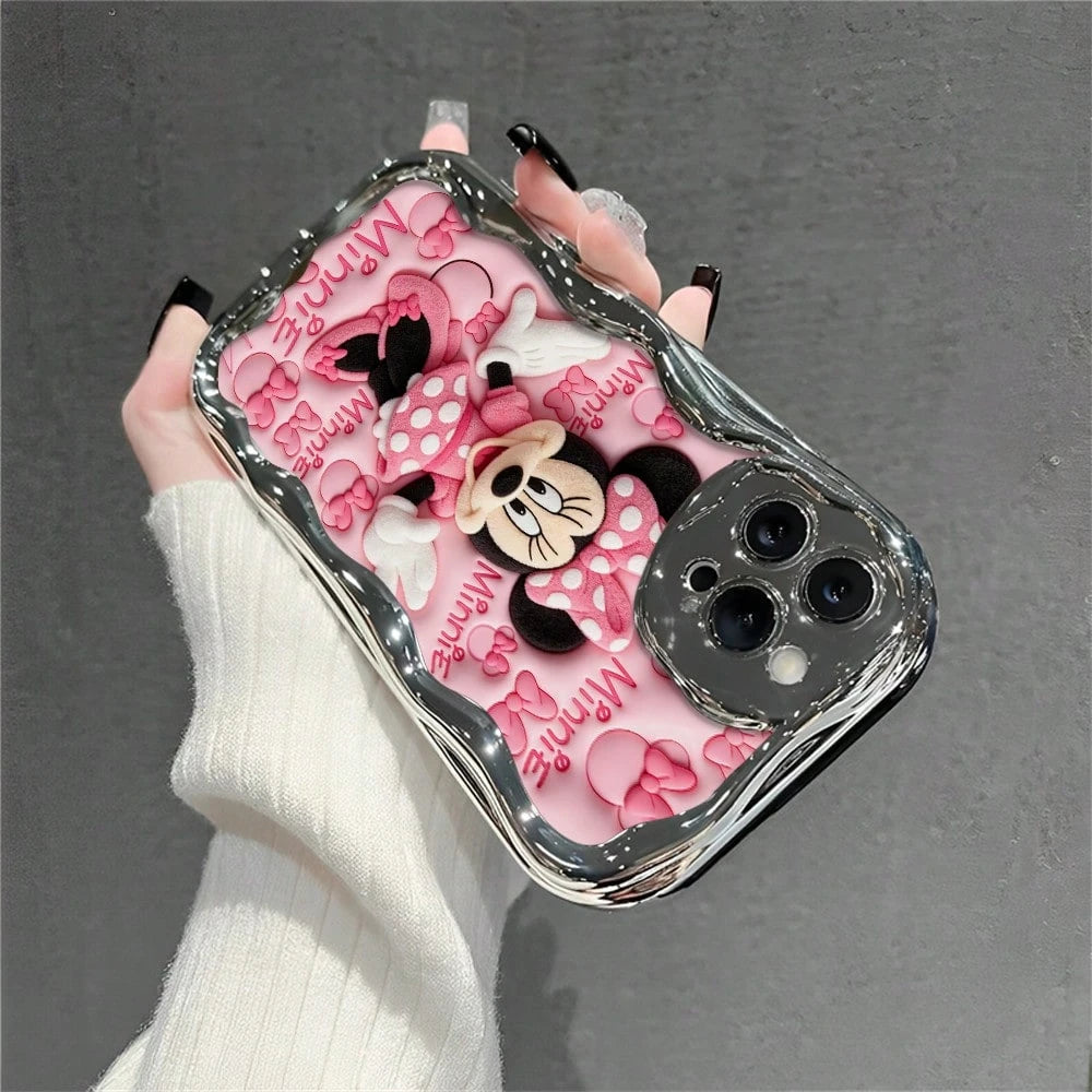 Disney Licensed Minnie Mouse Phone Case, Raised Flocked Minnie With "Minnie" Text & Bow Pattern Background, Electroplated Silver Wavy Edge, Scratch-Resistant Protective Case For IPhone 17, 16, 15, 14