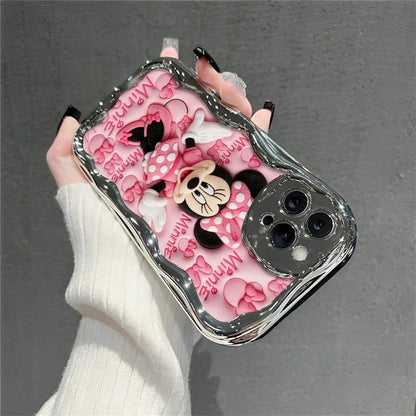 Disney Licensed Minnie Mouse Phone Case, Raised Flocked Minnie With "Minnie" Text & Bow Pattern Background, Electroplated Silver Wavy Edge, Scratch-Resistant Protective Case For IPhone 17, 16, 15, 14