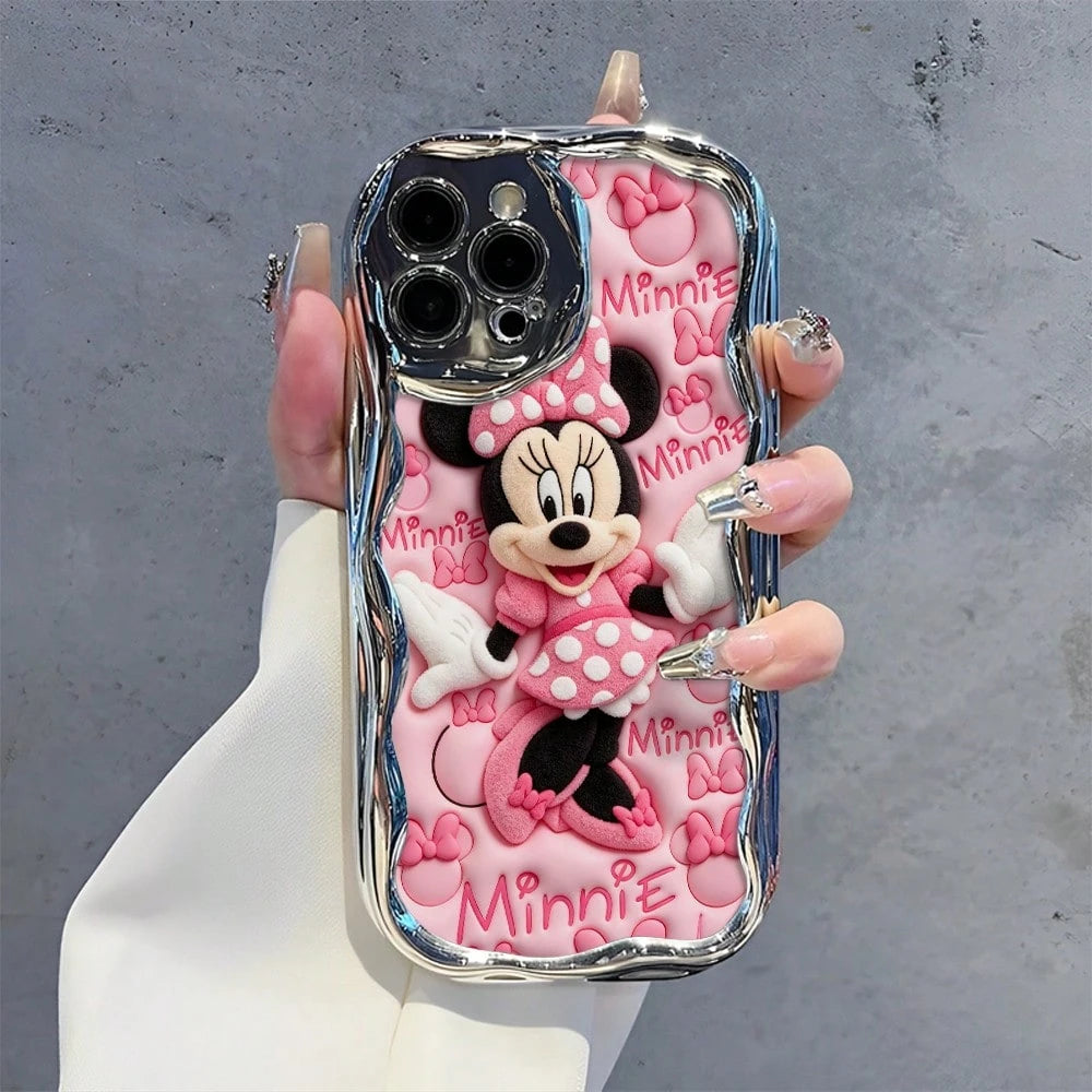 Disney Licensed Minnie Mouse Phone Case, Raised Flocked Minnie With "Minnie" Text & Bow Pattern Background, Electroplated Silver Wavy Edge, Scratch-Resistant Protective Case For IPhone 17, 16, 15, 14